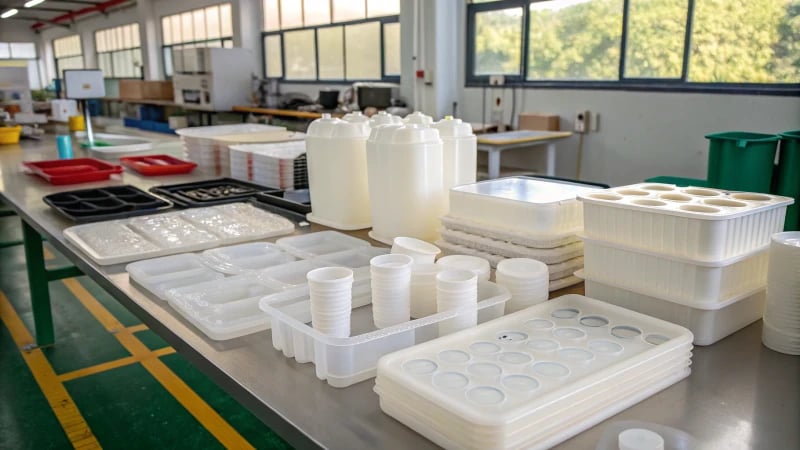 Organized manufacturing workspace with plastic molded products