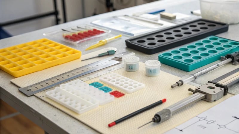 A workbench with medical-grade materials for injection molding.