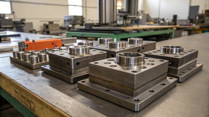 A collection of metal mold bases and inserts on a workshop table.