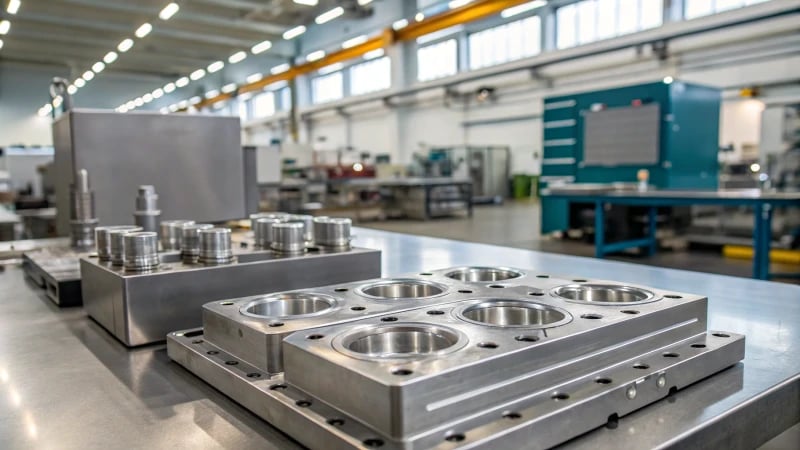 Close-up of intricate metal molds in a manufacturing environment