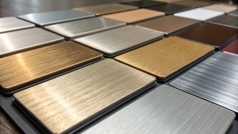 Close-up of various metal samples with different finishes