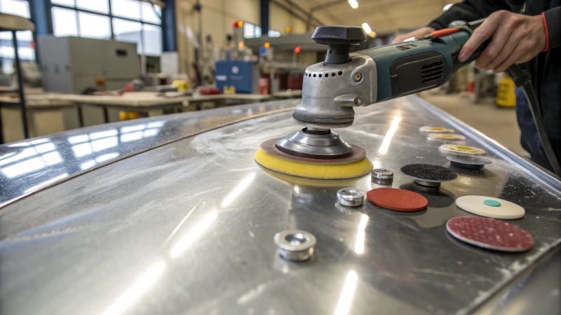 Close-up of a polished metal surface with reflections and polishing tools