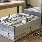 Close-up of a metallic mold base with cooling channels