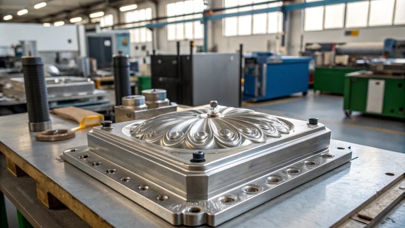A metallic preform mold in an industrial workshop