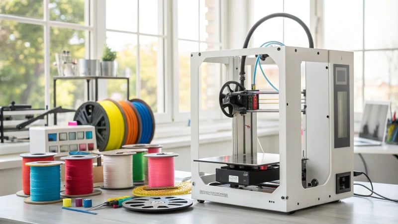 A modern 3D printer in action, surrounded by spools of filament and tools.