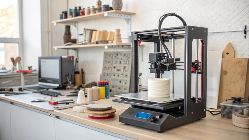 A modern 3D printer in a well-lit workshop creating a complex mold.