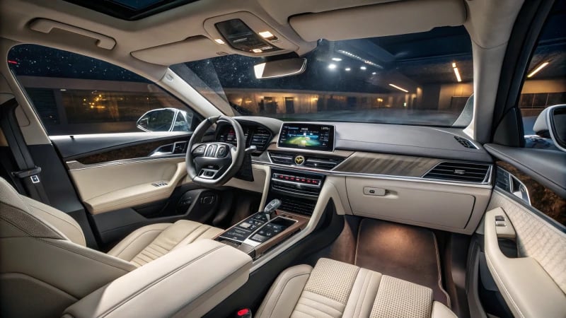 Modern automotive interior with sleek dashboard and luxurious finishes