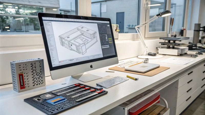 A modern CAD/CAM design studio showcasing a sleek workstation and 3D mold designs.