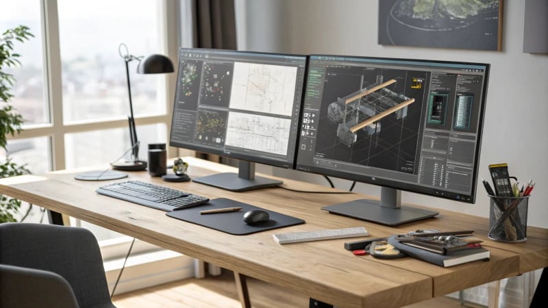 A modern CAD/CAM workstation with dual monitors and organized tools