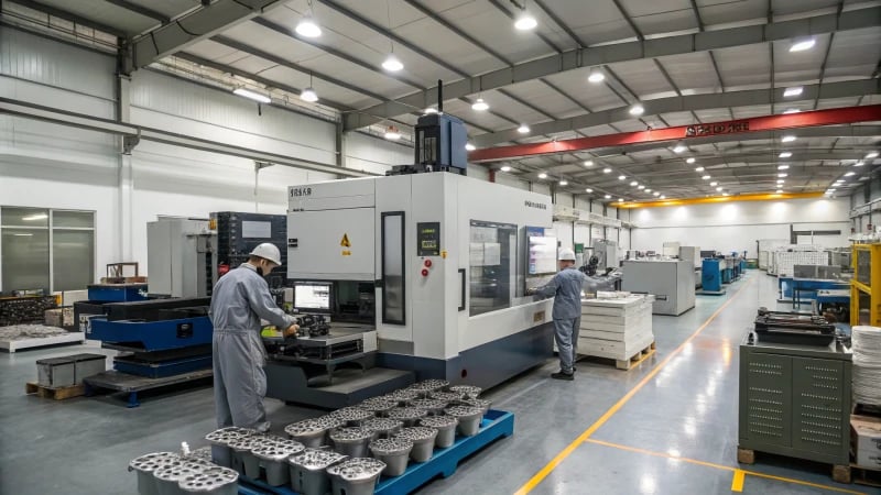 A modern CNC machine in a workshop with workers discussing