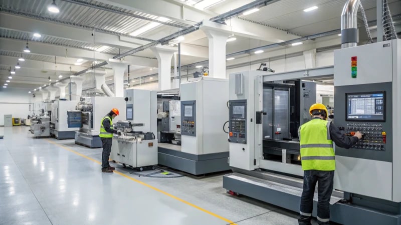 A modern CNC machining factory with machines and workers