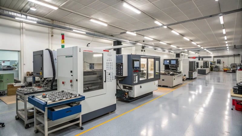 A modern CNC machining workshop with high-tech machines and organized workspaces