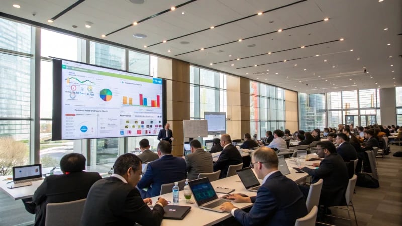 A modern conference room filled with diverse business professionals engaged in a meeting.