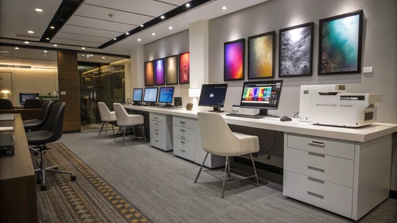 Interior of a modern design studio with advanced color management technology