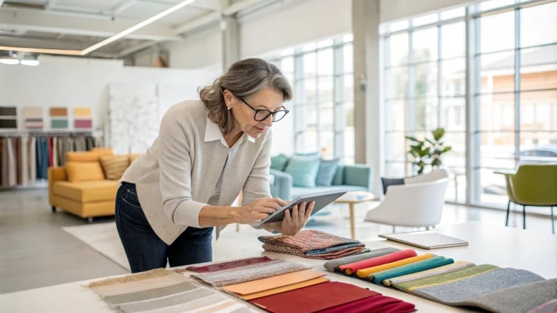 A middle-aged woman in a design studio examining a color swatch.