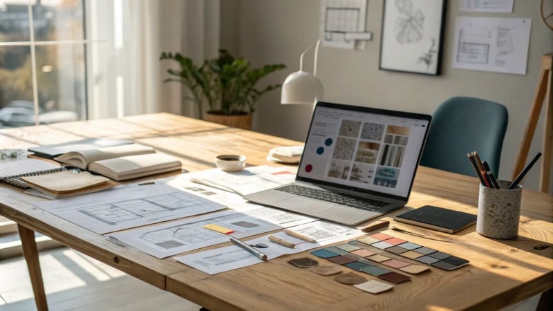 A modern designer's workspace with a large wooden table full of design tools and prototypes.