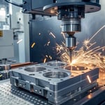 A modern EDM machine in action, machining an injection mold with sparks flying.