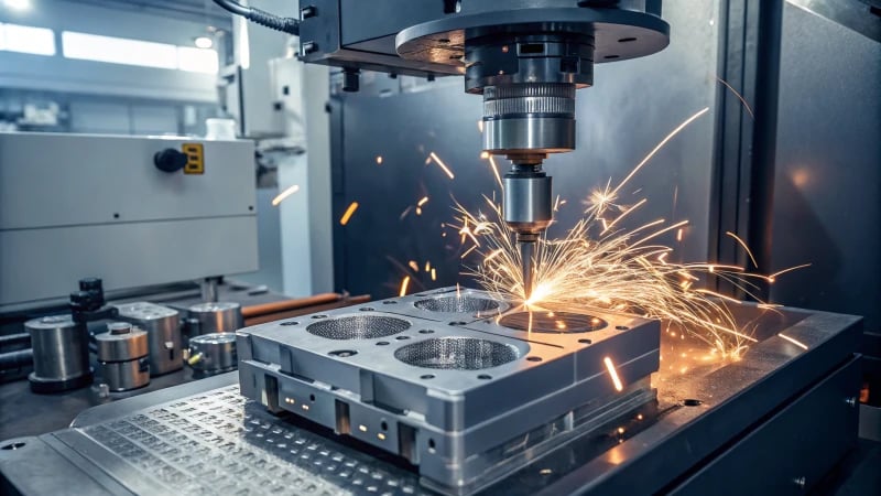 A modern EDM machine in action, machining an injection mold with sparks flying.
