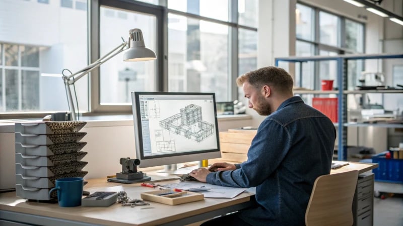 Engineer in a modern office reviewing a 3D model on a computer