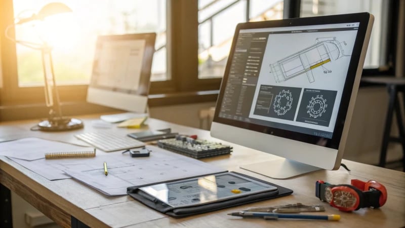 A modern engineering workstation with CAD software on a large monitor and a tablet showing simulation results.