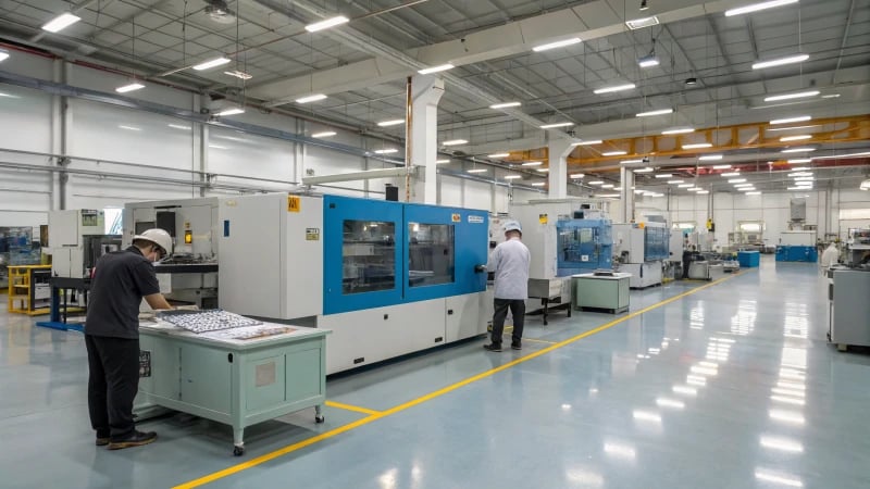 A modern factory with a high-tech injection molding machine and workers inspecting products.