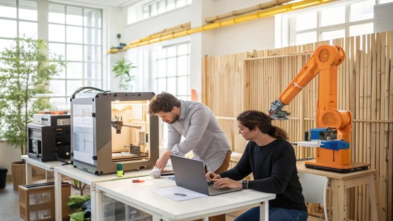 A modern industrial workspace with designers collaborating