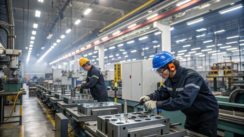 Workers in a modern industrial facility using metal injection molding machines