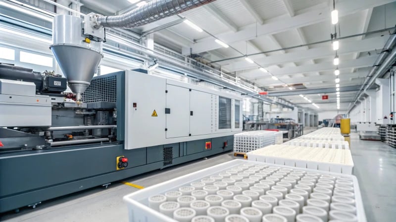 A modern industrial injection molding machine in a factory