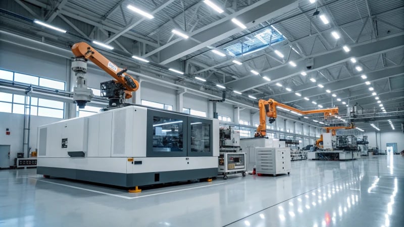 A modern injection molding machine in a bright factory environment