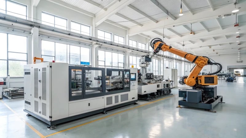 An advanced injection molding machine with robotic arms in a bright manufacturing facility.