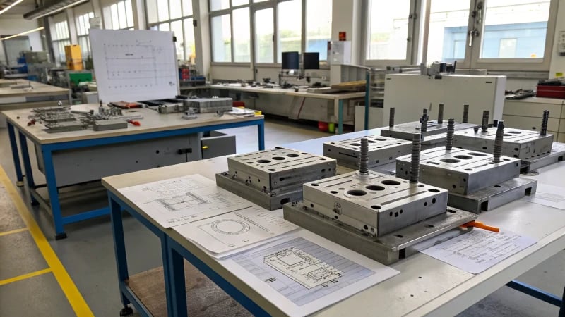 A busy manufacturing workshop with workers engaged in mold production.