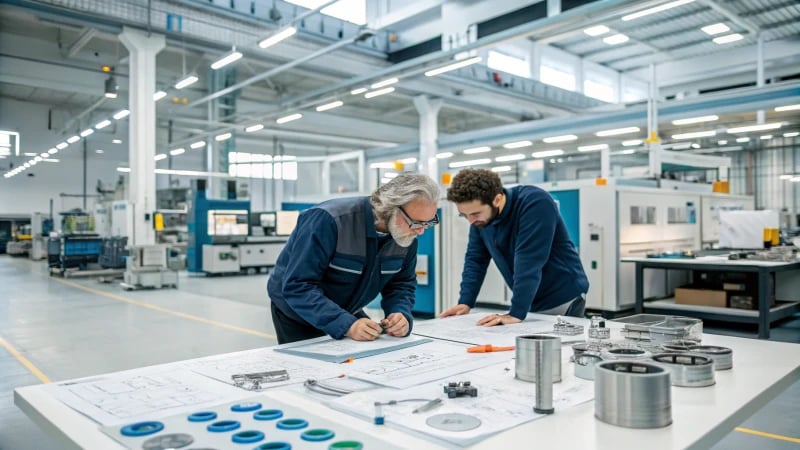 Engineers analyzing materials in a modern workspace