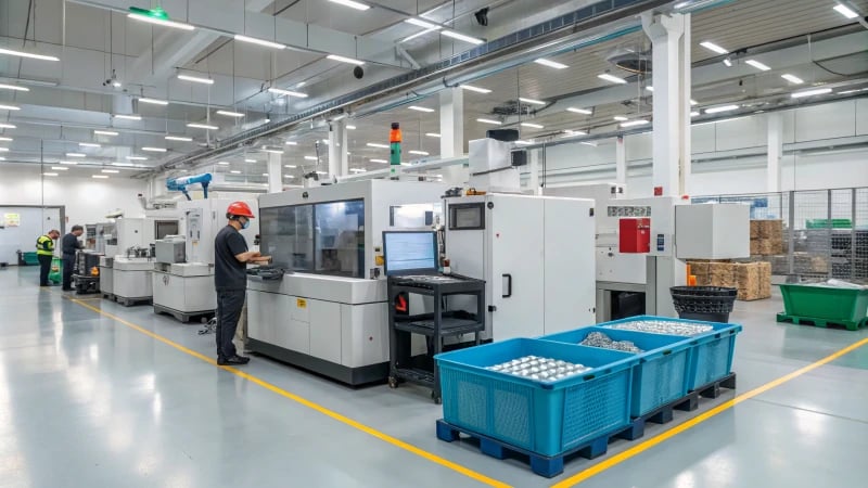 A modern injection molding facility with workers and machinery