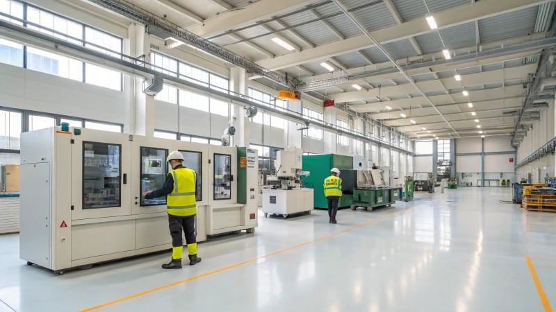 Interior of a modern injection molding facility with workers and advanced machinery.