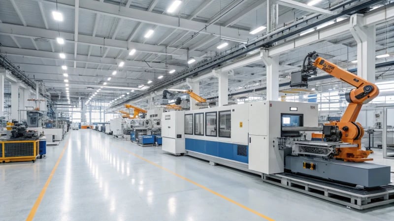 A modern injection molding factory with advanced machinery and robotic arms in action.