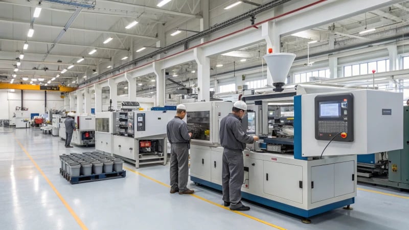 Interior of a modern injection molding factory with workers and machinery