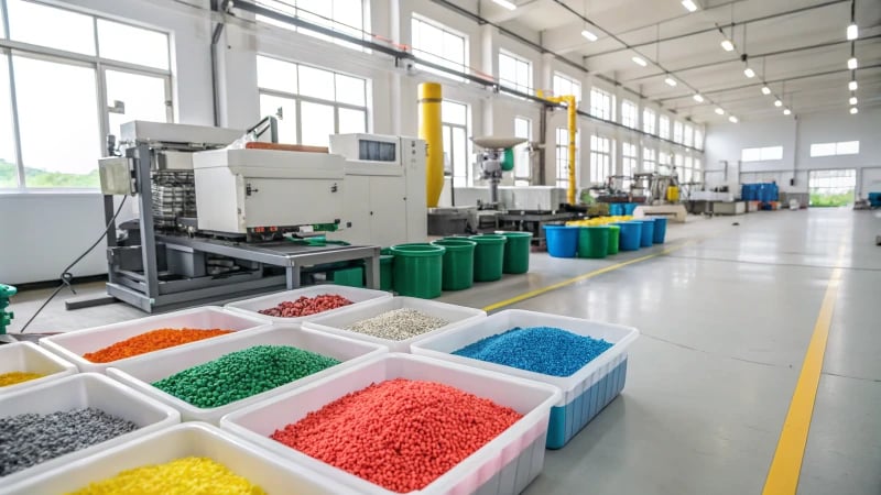 Interior view of a modern injection molding factory with colorful plastic components