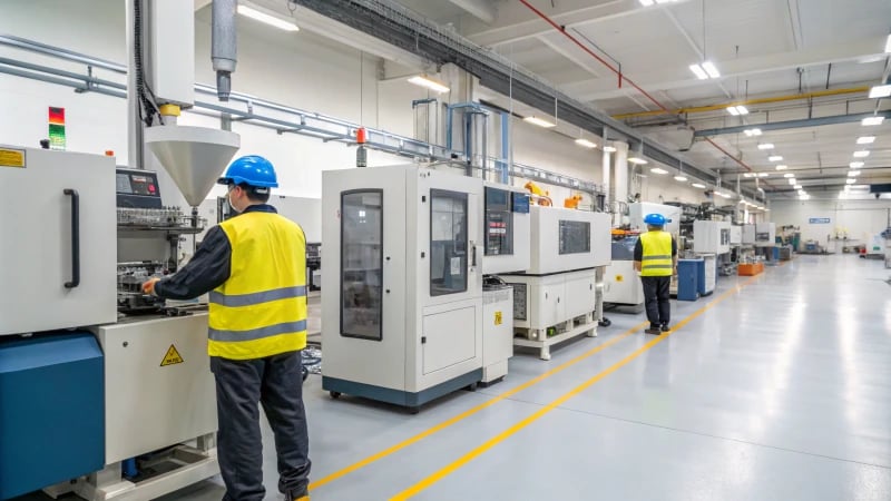 Workers monitoring injection molding machines in a modern factory