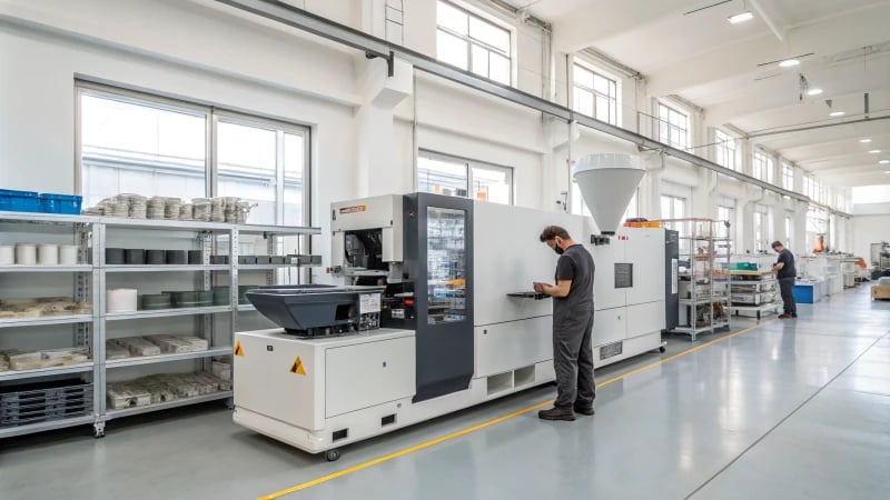Modern injection molding machine in a factory
