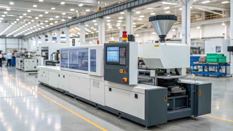 A modern injection molding machine in a clean factory