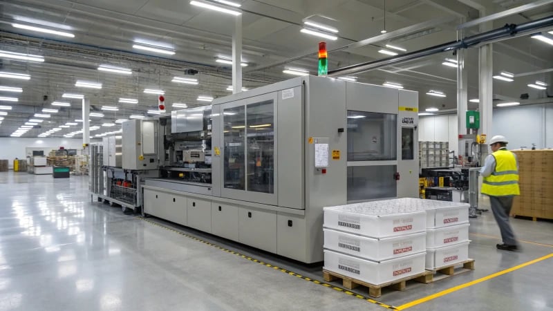 A modern injection molding machine in a clean manufacturing facility.