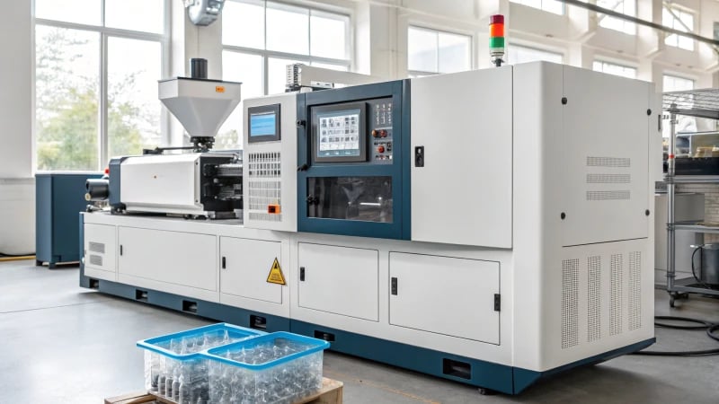 A modern injection molding machine in an industrial setting