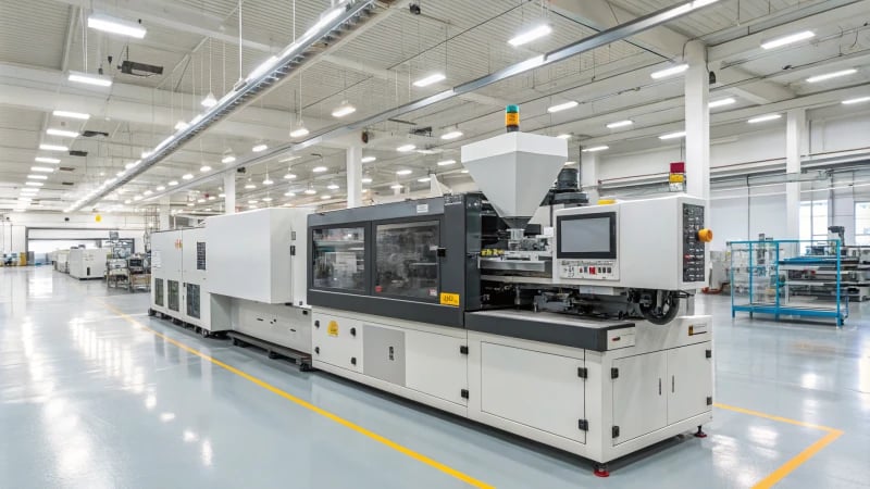 A modern injection molding machine in a clean industrial factory
