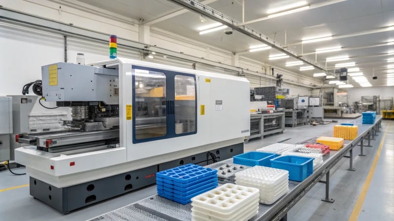 A modern injection molding machine in a bright factory environment.