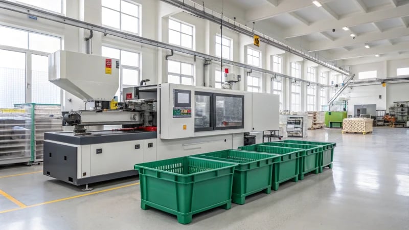 A close-up of an injection molding machine with a plastic part emerging from the mold.