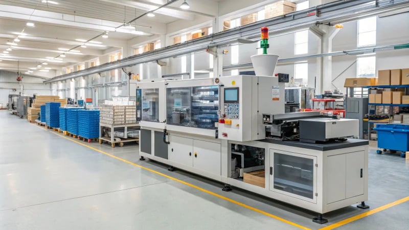 Modern injection molding machine in a factory setting