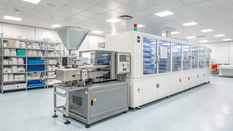 A modern injection molding machine in a cleanroom setting with sterile equipment.