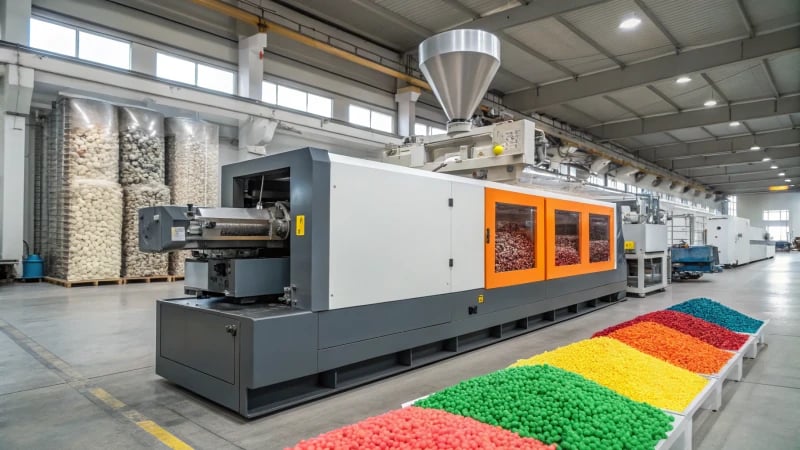 A modern injection molding machine processing biopolymer and plastic pellets in an industrial factory.