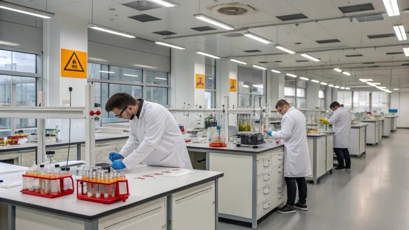 Scientists in a laboratory conducting experiments with flame retardant materials.