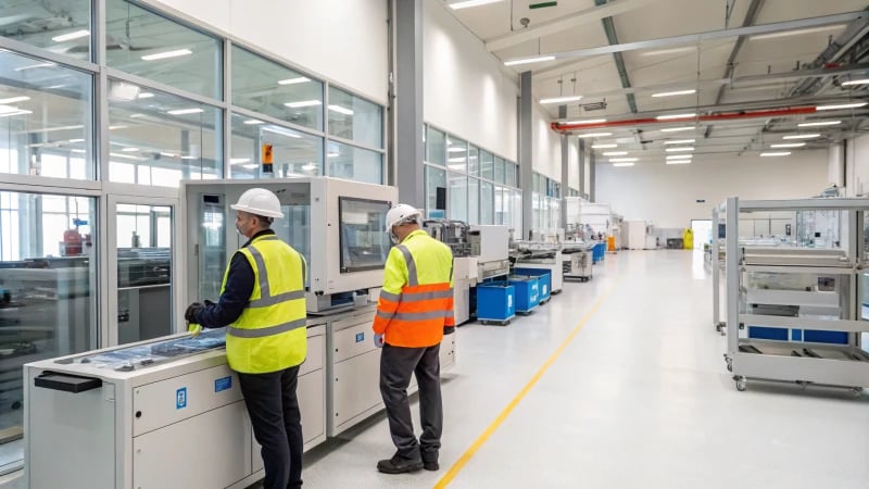 Workers inspecting machinery in a modern manufacturing facility